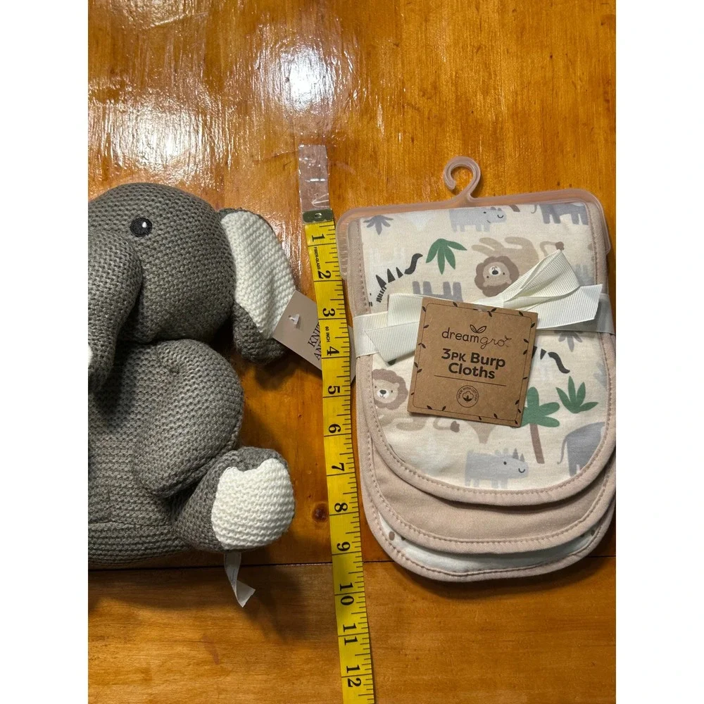 Grey‎ Knit Elephant Plush and 3-Pack Safari Tropic Burp Cloths Baby Gift Set NEW